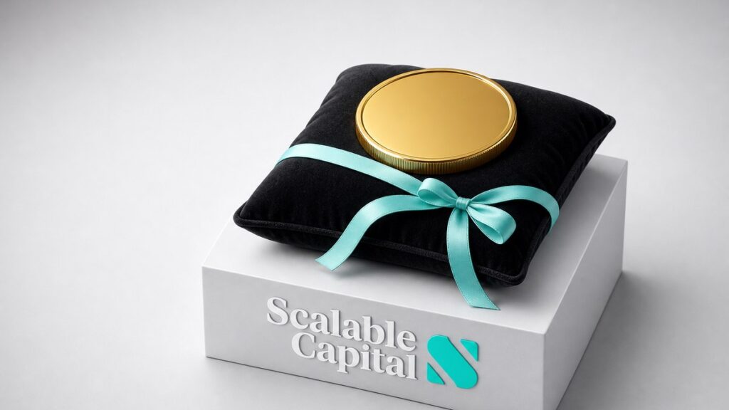 Münze auf Samtkissen mit Schleife auf Sockel mit Scalable-Capital-Logo als Sinnbild für eine Gratisaktie