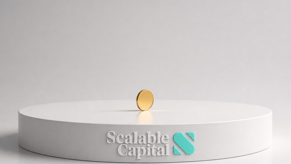 Einzelne kleine Münze auf breitem Sockel mit Scalable-Capital-Logo als Sinnbild für die Mindestanlage