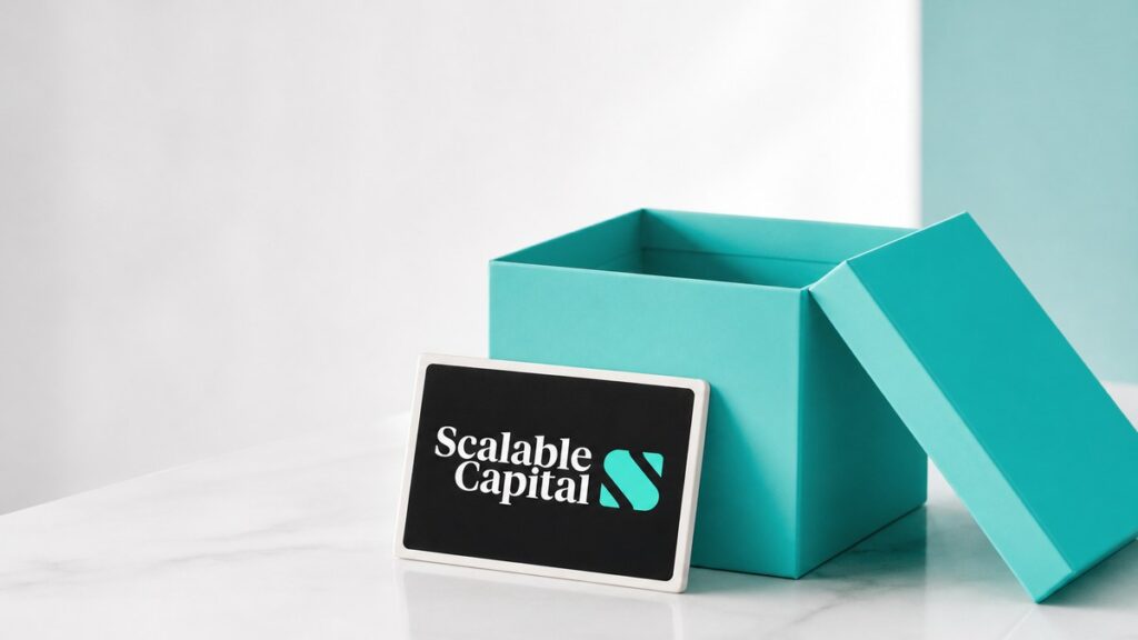 Leere geöffnete Geschenkbox mit Scalable-Capital-Plakette als Sinnbild für den Neukundenbonus