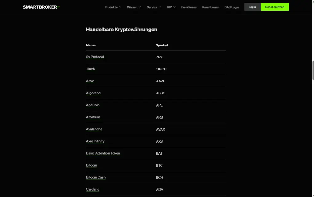Liste der handelbaren Kryptowährungen bei Smartbroker+