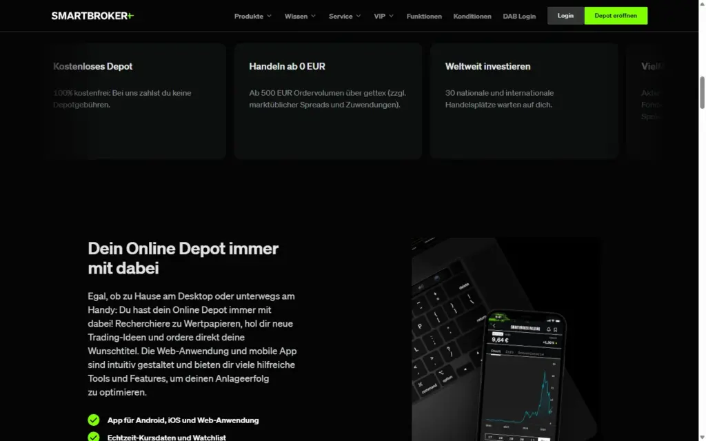 Startseite von smartbrokerplus.de in der Desktop-Ansicht, Abschnitt Vorteile