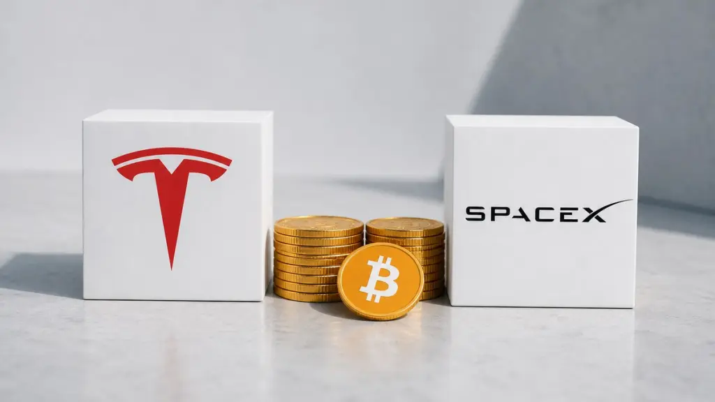 Zwei gleich große weiße Blöcke auf hellem Stein, links mit dem roten Tesla-Zeichen, rechts mit dem SpaceX-Schriftzug, dazwischen zwei Stapel goldener Bitcoin-Münzen und vorn eine einzelne Bitcoin-Münze.