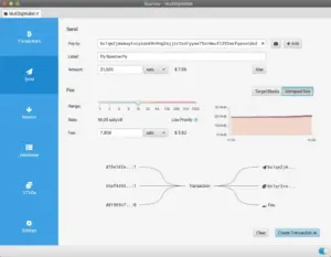 Sparrow Wallet: Senden mit Gebührenwahl und Transaktionsdiagramm