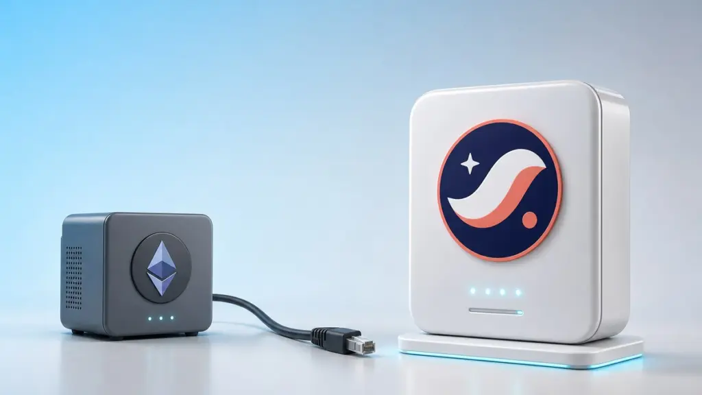 Ein weißer Netzwerkknoten mit dem Starknet-Zeichen steht auf einem beleuchteten Sockel, links daneben ein kleinerer grauer Knoten mit dem Ethereum-Zeichen, dessen Kabel abgezogen vor dem weißen Knoten liegt.