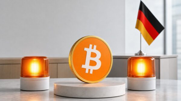 Eine Bitcoin-Münze steht auf einem weißen Sockel zwischen zwei leuchtenden orangefarbenen Warnleuchten, im Hintergrund eine kleine deutsche Tischflagge.