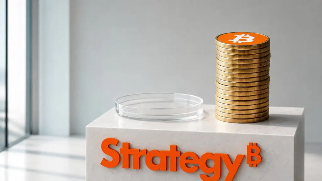 Hoher Stapel goldener Bitcoin-Münzen auf einem weißen Steinsockel mit orangefarbenem Strategy-Schriftzug, daneben eine leere durchsichtige Acrylschale.