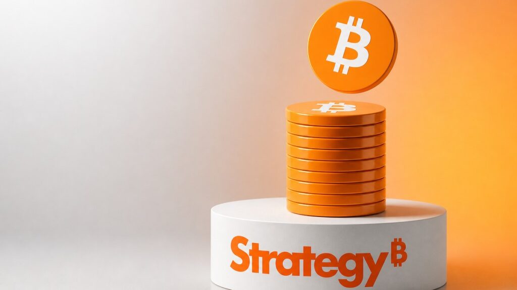 Stapel oranger Bitcoin-Münzen auf einem weißen runden Sockel mit dem orangen Strategy-Schriftzug, darüber schwebt eine weitere Bitcoin-Münze vor einem Verlauf von Hellgrau zu Orange.
