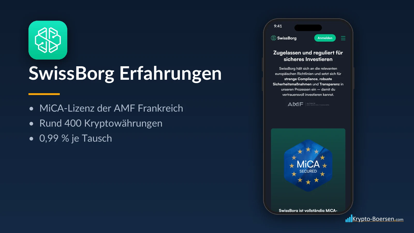 SwissBorg Erfahrungen: App-Symbol, Startseite von swissborg.com auf dem Smartphone und Kernfakten