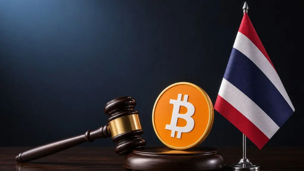 Eine goldene Bitcoin-Münze lehnt an einem hölzernen Schallblock mit Richterhammer, daneben steht eine kleine Tischflagge Thailands vor dunklem Hintergrund.