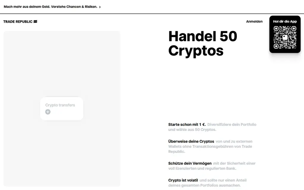 Trade-Republic-Seite „Handel 50 Cryptos“ mit Krypto-Transfers