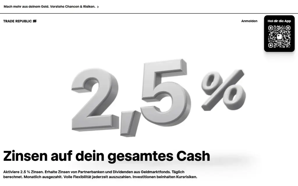 Trade-Republic-Seite zu 2,5 % Zinsen auf das Guthaben