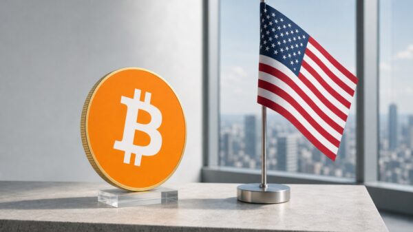 Eine Bitcoin-Münze steht auf einem kleinen Acrylsockel neben einer US-Flagge an einem Tischständer, dahinter ein heller Raum mit Fensterfront.