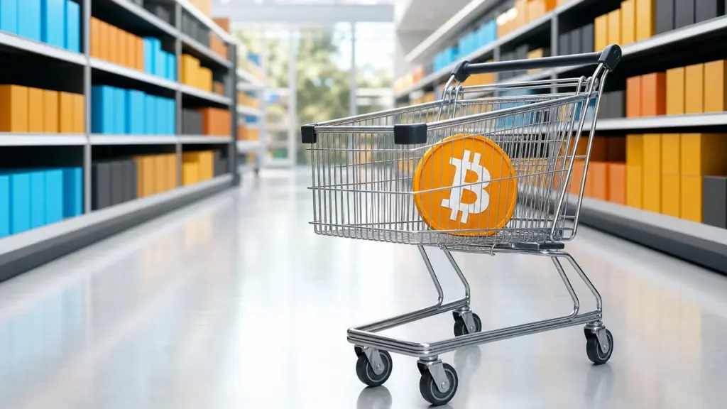 Ein leerer Einkaufswagen aus Chrom steht in einem hellen Supermarktgang mit unscharfen Regalen, darin lehnt eine große orangefarbene Bitcoin-Münze.