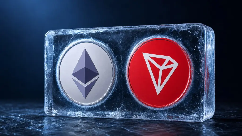 Eine silberne Ethereum-Münze und eine rote Tron-Münze stehen nebeneinander, eingeschlossen in einem klaren Eisblock auf dunkelblauem Stein.