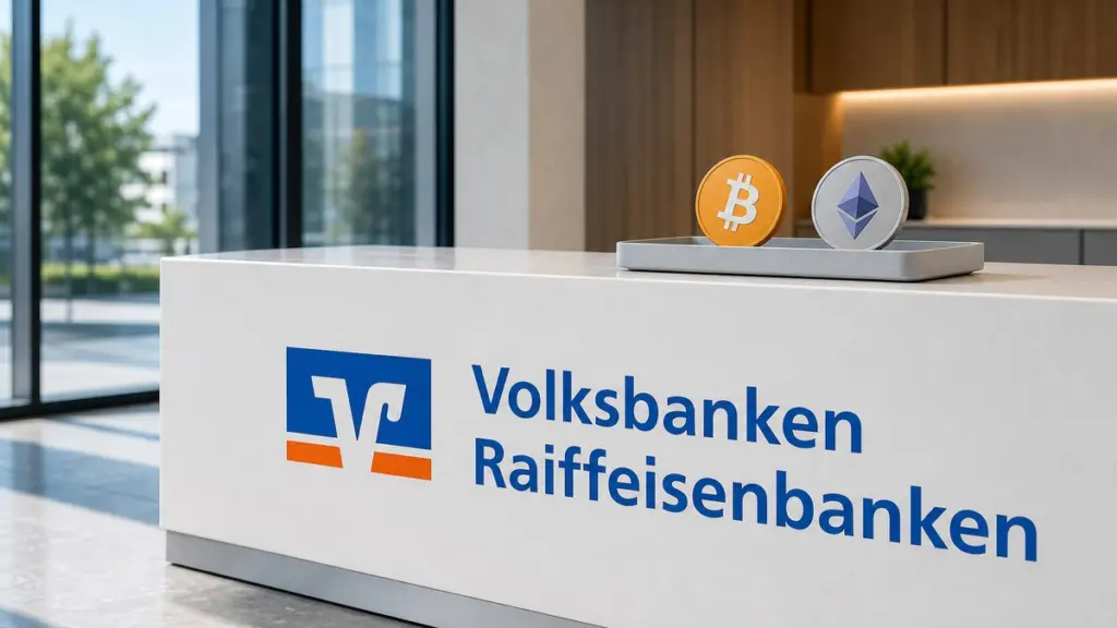Ein weißer Steintresen in einer hellen Bankfiliale trägt groß das blau-orange Zeichen der Volksbanken Raiffeisenbanken, oben auf dem Tresen stehen eine goldene Bitcoin- und eine silberne Ether-Münze in einer grauen Schale.