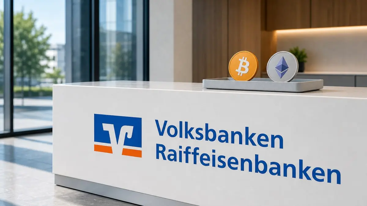 Ein weißer Steintresen in einer hellen Bankfiliale trägt groß das blau-orange Zeichen der Volksbanken Raiffeisenbanken, oben auf dem Tresen stehen eine goldene Bitcoin- und eine silberne Ether-Münze in einer grauen Schale.