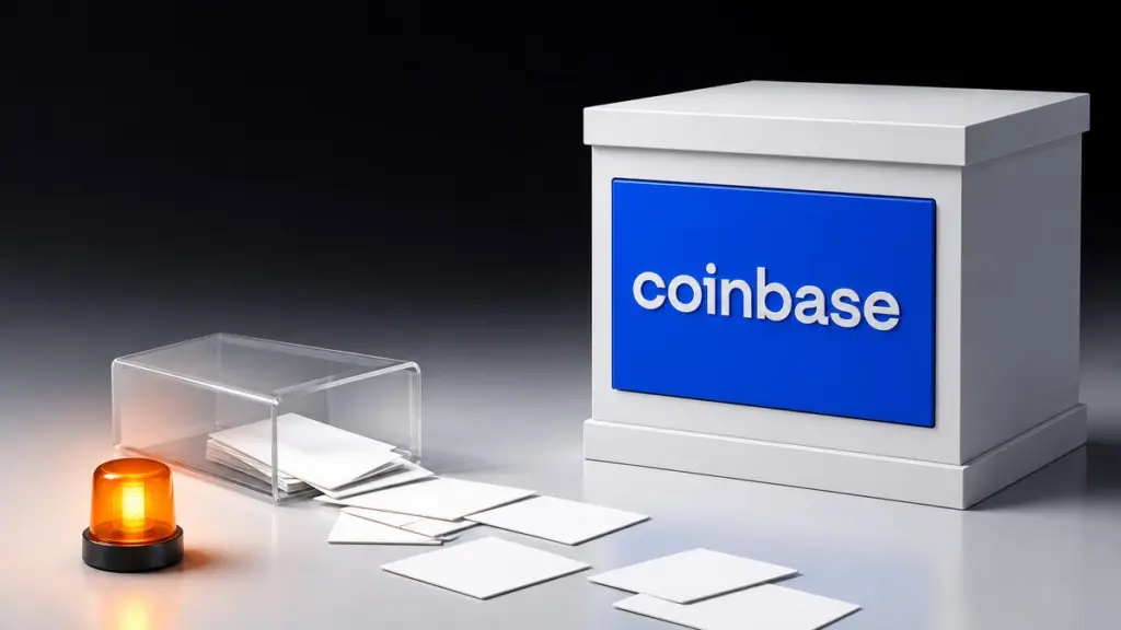 Ein weißer Sockel mit der Coinbase-Wortmarke auf blauer Front, daneben ist eine gläserne Karteibox umgekippt, leere weiße Karten rutschen heraus, eine orangefarbene Warnleuchte brennt.