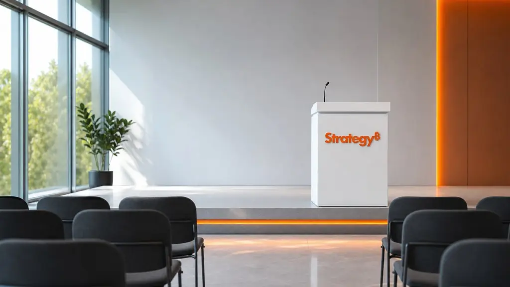 Leerer, heller Versammlungssaal mit Reihen dunkelgrauer Stühle, auf der Bühne ein weißes Rednerpult mit der orangefarbenen Strategy-Wortmarke, rechts eine orange leuchtende Lichtleiste.