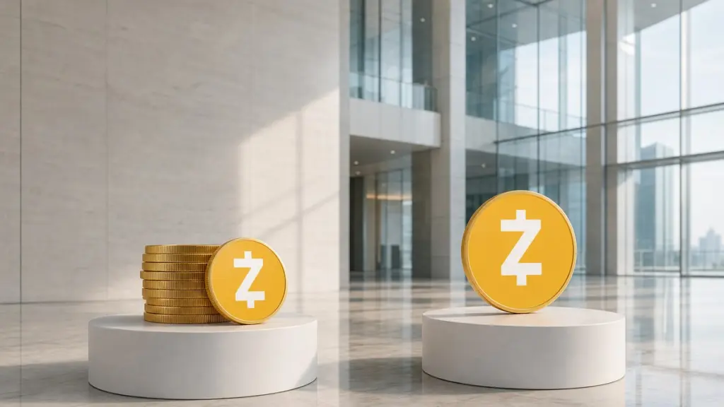 Zwei weiße Sockel in einem hellen Börsenatrium: links ein Stapel goldener Zcash-Münzen mit einer angelehnten Münze, rechts eine einzelne große Zcash-Münze mit dem weißen Z-Zeichen.