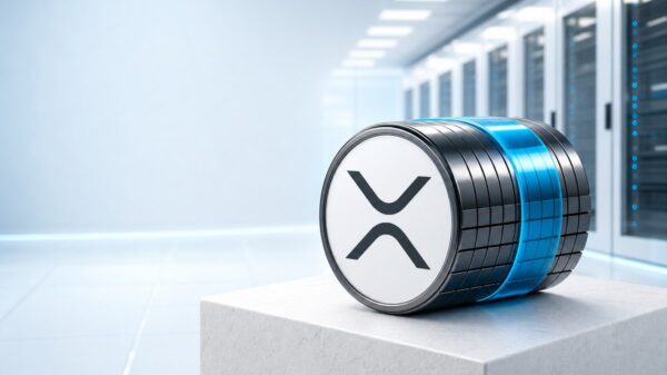 In einem hellen, leeren Rechenzentrum liegt auf einem weißen Steinsockel eine Rolle dunkler XRP-Münzen, die ein breites cyanfarbenes Band zusammenhält.