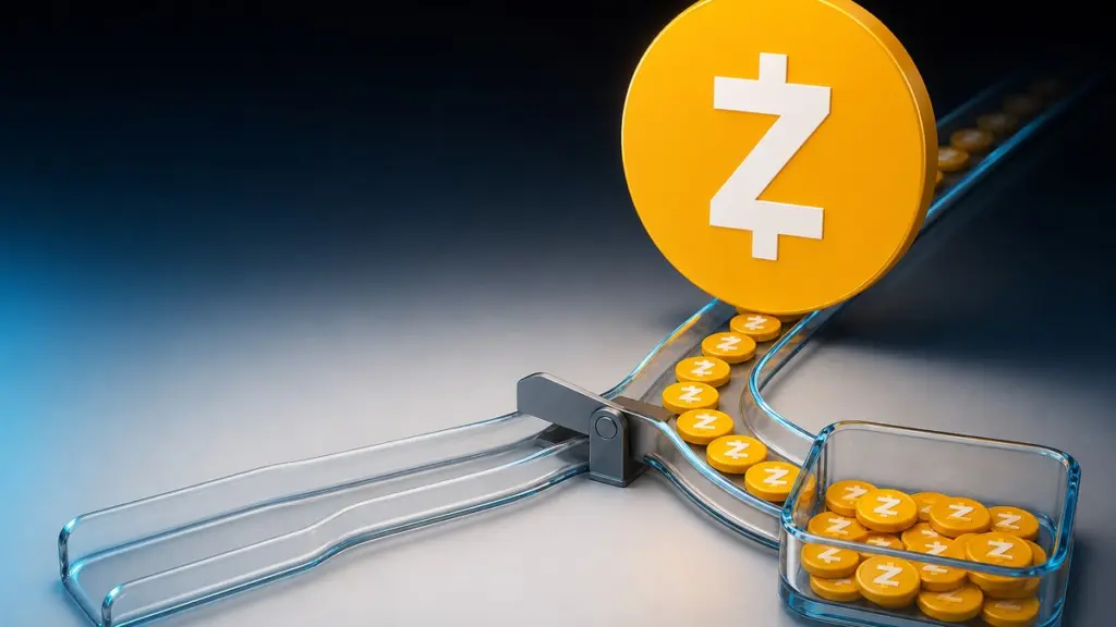 Eine große goldene Zcash-Münze steht vor einer Glasrinne, in der kleine Zcash-Münzen über eine Weiche in ein gläsernes Becken geleitet werden, der zweite Zweig bleibt leer.