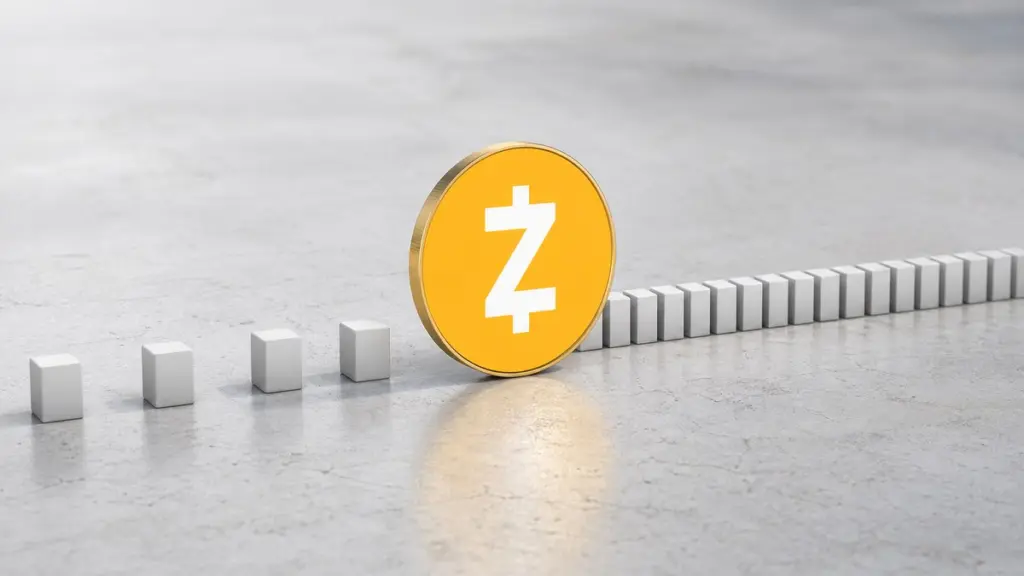 Eine große goldene Zcash-Münze mit weißem Z-Zeichen steht aufrecht auf hellem Stein, hinter ihr eine Reihe weißer Würfel, die links weit auseinander und rechts der Münze dicht an dicht stehen.