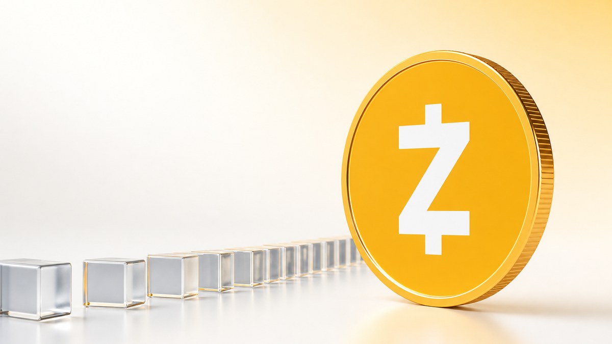 Eine goldene Zcash-Münze steht aufrecht auf einer weißen Fläche, dahinter eine Reihe gläserner Würfel, die zur Münze hin dichter stehen.